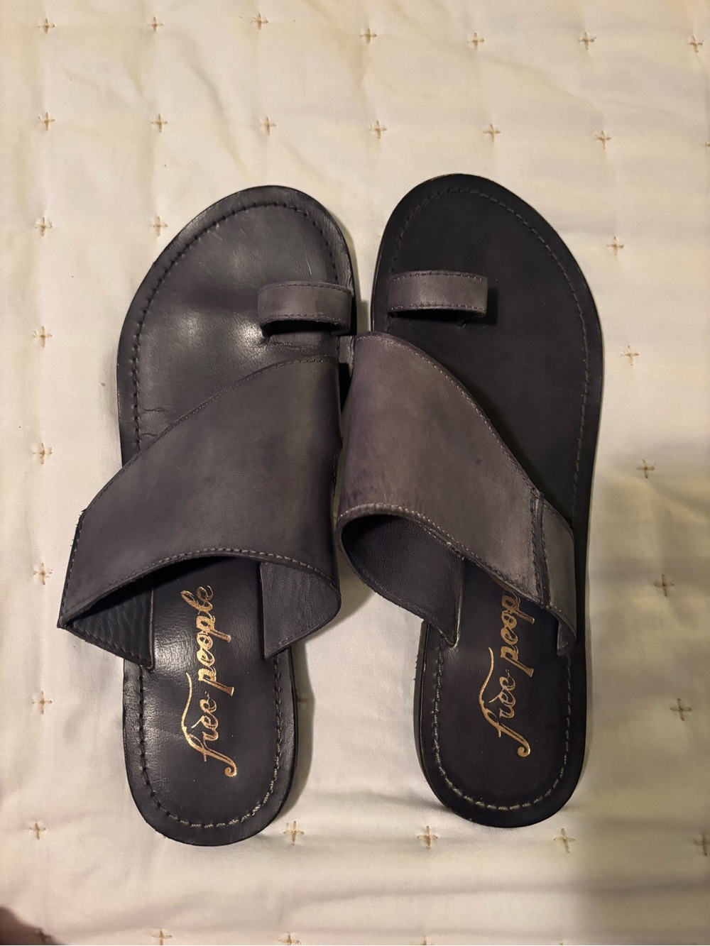 Free People Charcoal Leather Toe-Loop Crossover Sandals